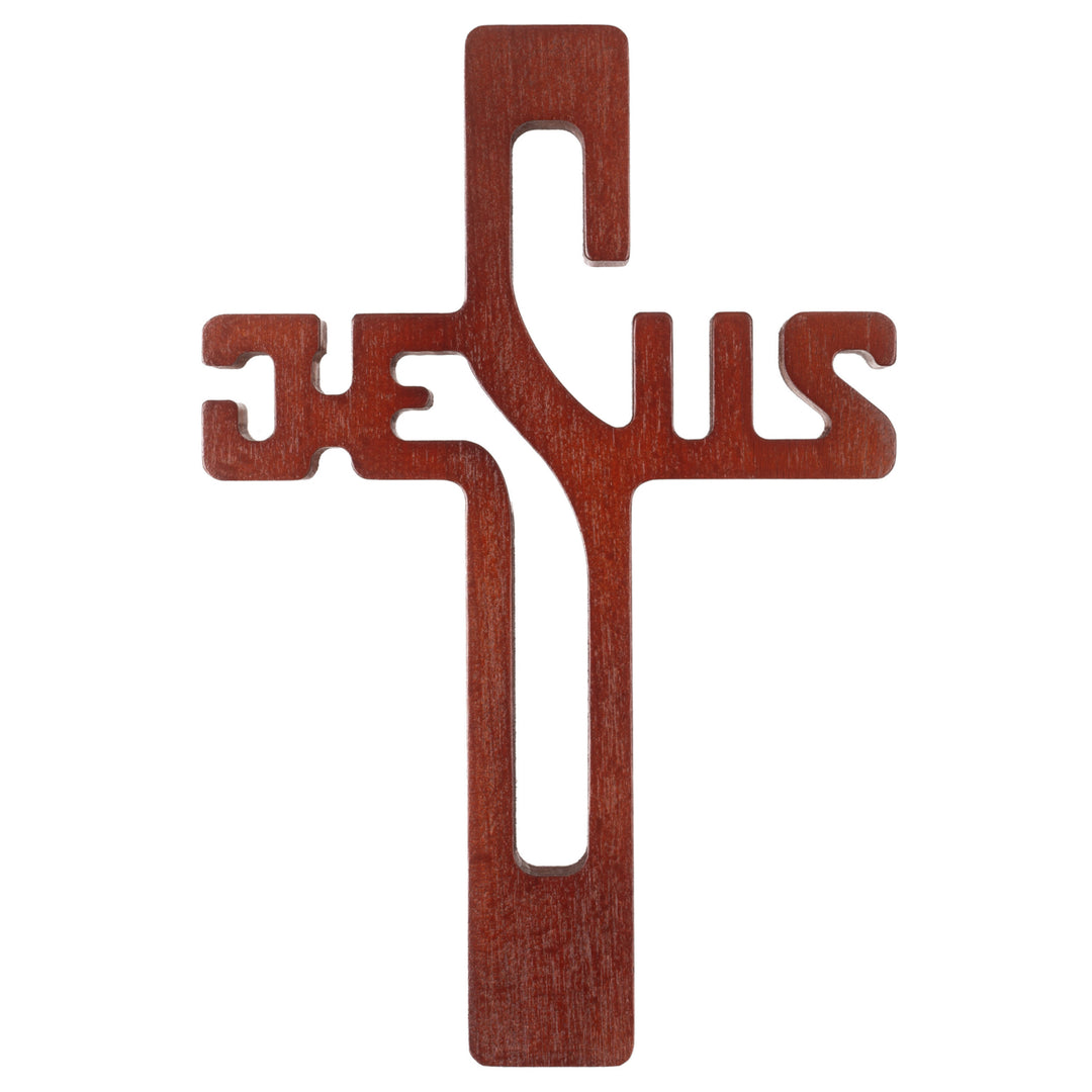Croix suspendue en bois avec inscription JESUS marron 22x14x1.6cm