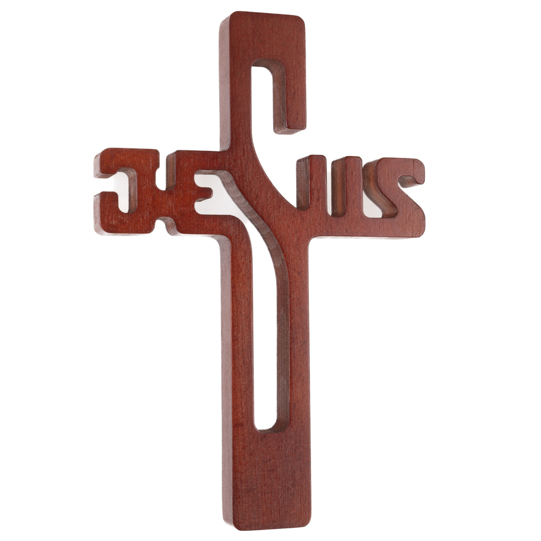 Croix suspendue en bois avec inscription JESUS marron 30x20x1.8cm