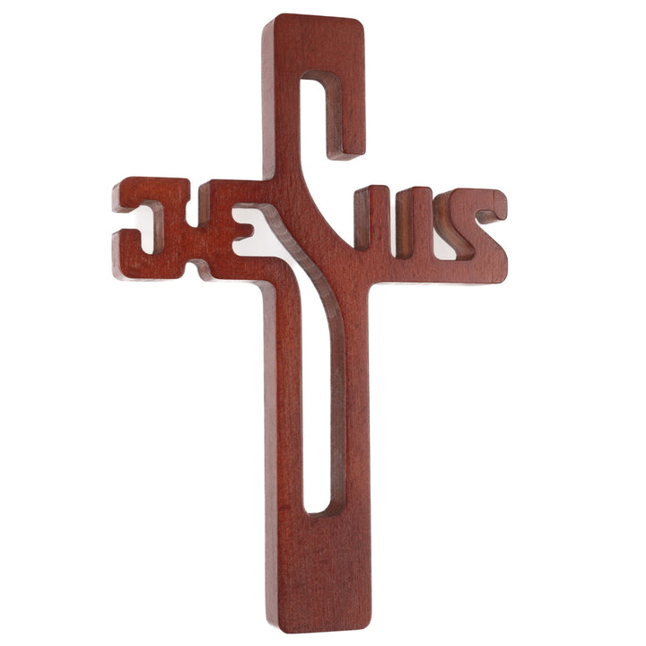 Croix suspendue en bois avec inscription JESUS marron 30x20x1.8cm