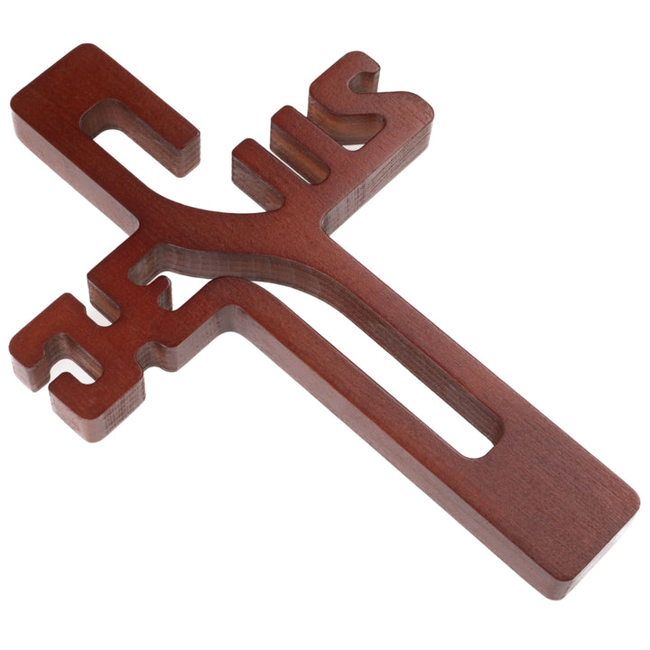 Croix suspendue en bois avec inscription JESUS marron 30x20x1.8cm