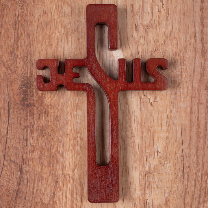 Croix suspendue en bois avec inscription JESUS marron 30x20x1.8cm