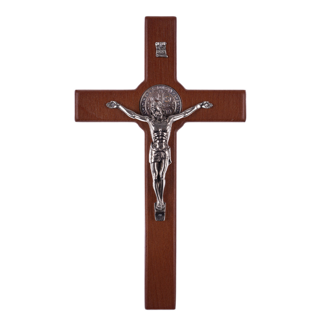 Croix de St Benoît en bois suspendue avec pasque bronze 18x10x1.8cm