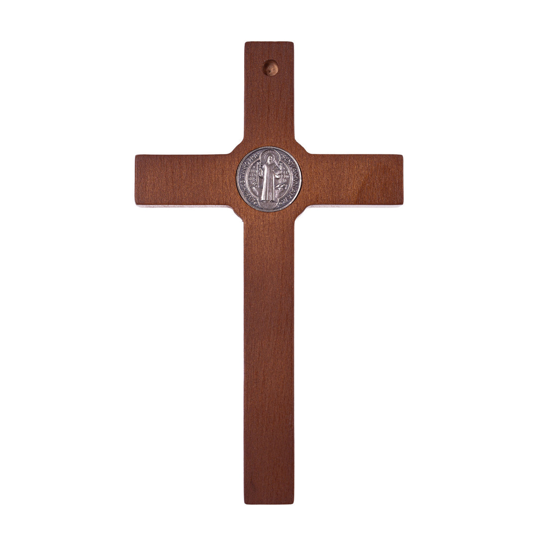 Croix de St Benoît en bois suspendue avec pasque bronze 18x10x1.8cm