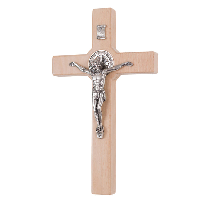 Croix de St Benoît suspendue en bois avec pasque naturel 22x12x1.8cm