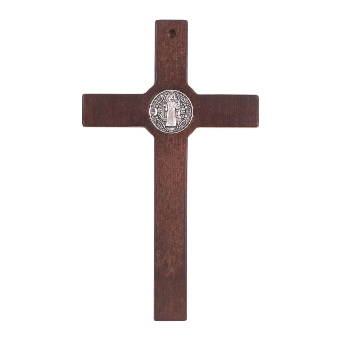 Croix de Saint Benoît en bois suspendue avec pasque bronze 22x12x1.8cm