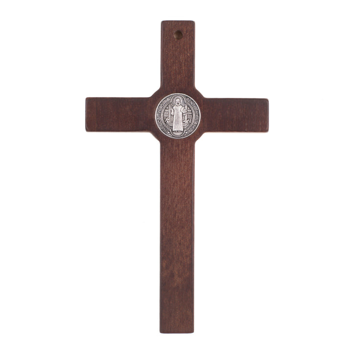 Croix de Saint Benoît en bois suspendue avec pasque bronze 22x12x1.8cm
