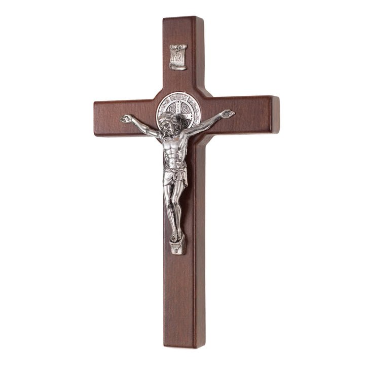 Croix de Saint Benoît en bois suspendue avec pasque bronze 22x12x1.8cm