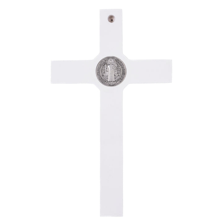 Croix suspendue en bois de St Benoît avec pasque, blanc 28x16x1.8cm