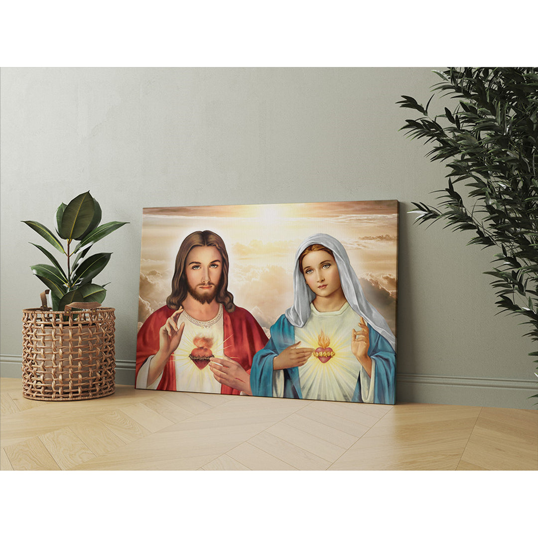 Peinture sur toile Cœur de Jésus Cœur de Marie 60x90 cm