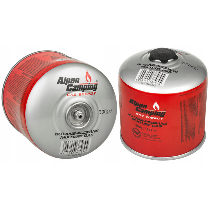 2x 500g Alpen Camping cartouche de gaz. Certificat : Pi 0437, conforme à la norme EN417, propane-butane, plage de -10°c à + 40°c, valve 7/16" IK008