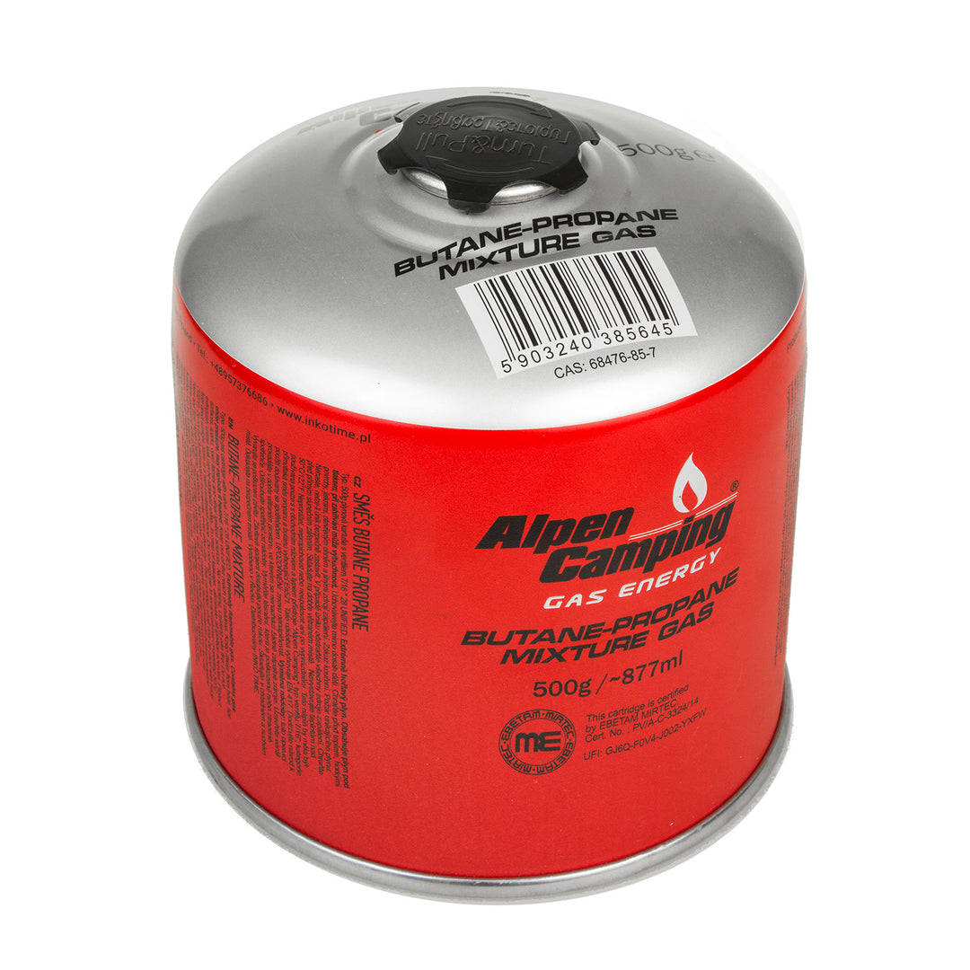 3x Alpen Camping 500g cartouche de gaz. Certificat : Pi 0437, conforme à la norme EN417, propane-butane, plage de -10°c à + 40°c, valve 7/16" IK008