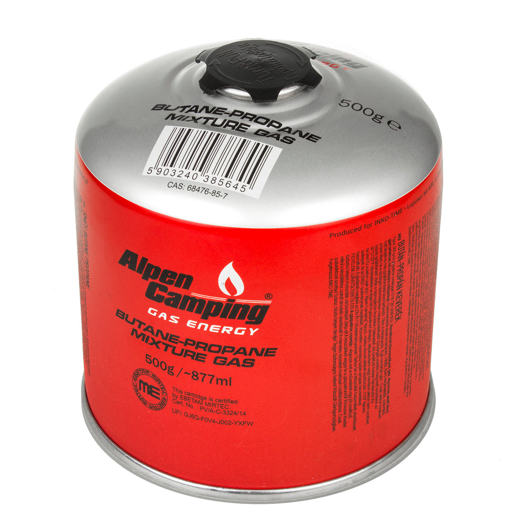 3x Alpen Camping 500g cartouche de gaz. Certificat : Pi 0437, conforme à la norme EN417, propane-butane, plage de -10°c à + 40°c, valve 7/16" IK008