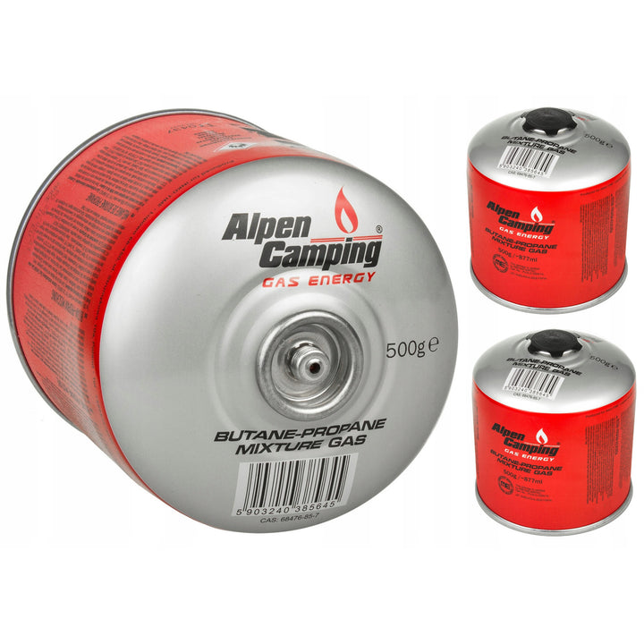 3x Alpen Camping 500g cartouche de gaz. Certificat : Pi 0437, conforme à la norme EN417, propane-butane, plage de -10°c à + 40°c, valve 7/16" IK008
