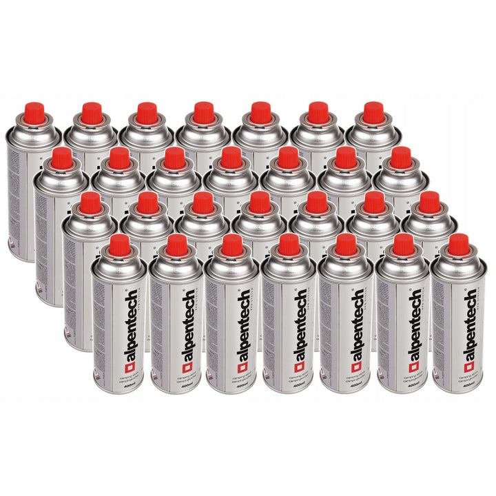 28x 380ml Alpentech cartouche de gaz, certification : Pi 0875, conforme à EN521, butane, plage de fonctionnement -10°C à + 40°C, IK300