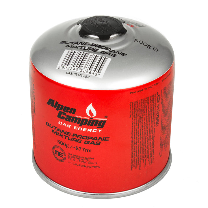6x Alpen Camping 500g cartouche de gaz. Certificat : Pi 0437, selon EN417, propane-butane, plage de -10°c à + 40°c, valve 7/16" IK008