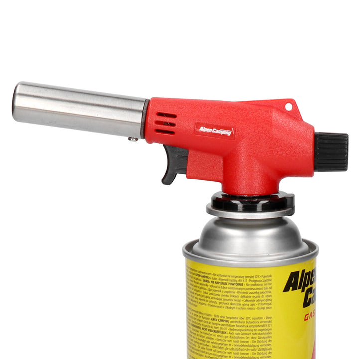 Brûleur à cartouche Alpen Camping, température de la flamme 1350 °C, allumage piézo, contrôle de la flamme, VULCANO + 4 cartouches