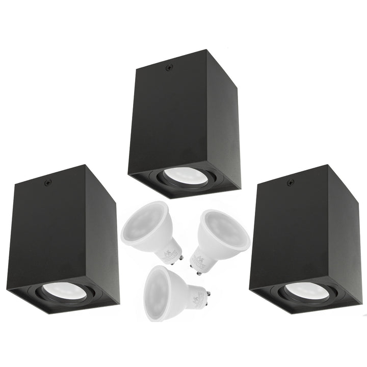 3x tube Maclean / luminaire apparent, spot, carré, aluminium, GU10, 80x80x115mm, noir, MCE426 B + 3x ampoule LED 5W