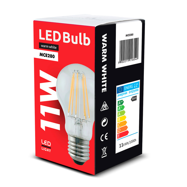 6x LED à filament Maclean, E27, 11W, 230V, WW blanc chaud 3000K, 1500lm Retro edison decorative A60, MCE280
