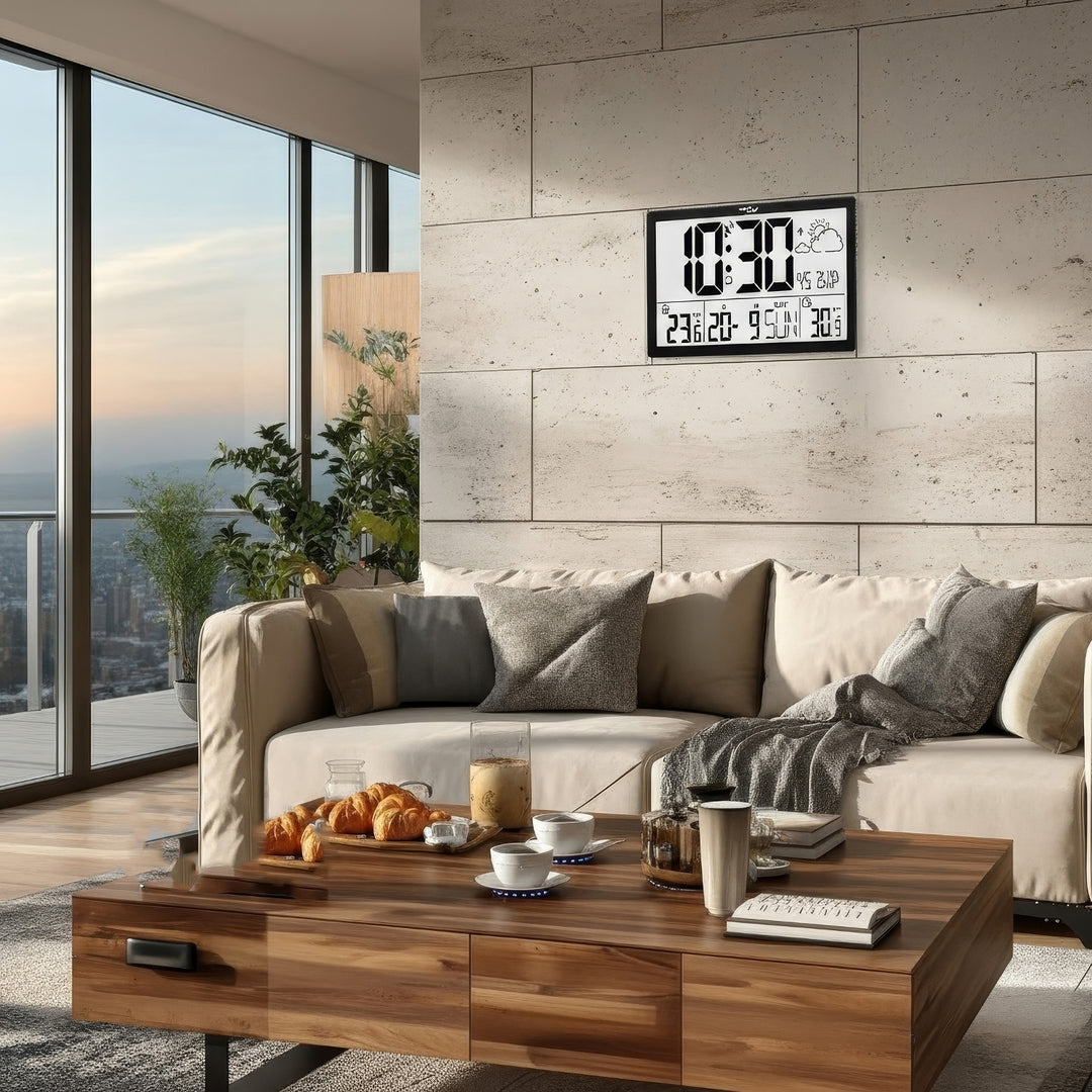 Station météo Horloge murale numérique avec capteur extérieur, horloge DCF, 37x22,5cm Grande horloge murale, alarme avec fonction snooze, écran LCD, température intérieure et extérieure, prévisions météorologiques