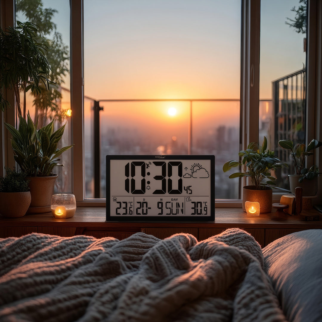 Station météo Horloge murale numérique avec capteur extérieur, horloge DCF, 37x22,5cm Grande horloge murale, alarme avec fonction snooze, écran LCD, température intérieure et extérieure, prévisions météorologiques