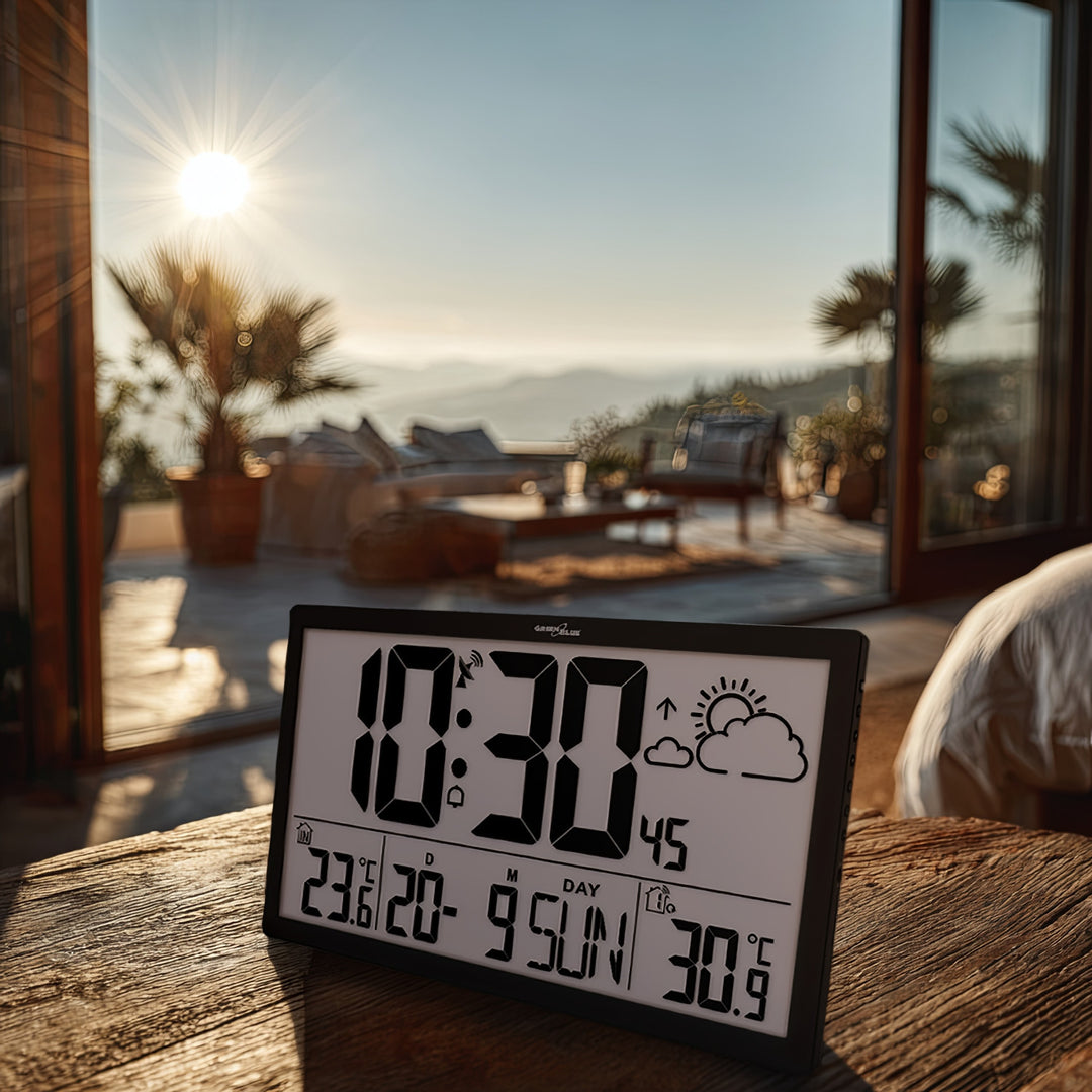 Station météo Horloge murale numérique avec capteur extérieur, horloge DCF, 37x22,5cm Grande horloge murale, alarme avec fonction snooze, écran LCD, température intérieure et extérieure, prévisions météorologiques