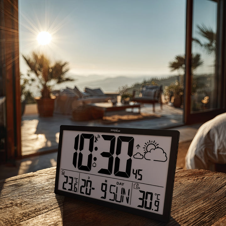 Station météo Horloge murale numérique avec capteur extérieur, horloge DCF, 37x22,5cm Grande horloge murale, alarme avec fonction snooze, écran LCD, température intérieure et extérieure, prévisions météorologiques