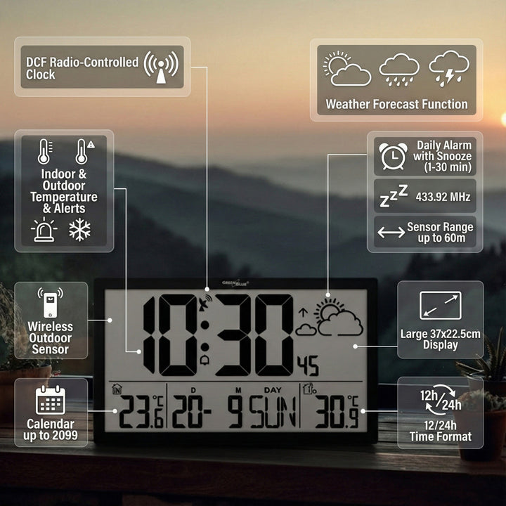 Station météo Horloge murale numérique avec capteur extérieur, horloge DCF, 37x22,5cm Grande horloge murale, alarme avec fonction snooze, écran LCD, température intérieure et extérieure, prévisions météorologiques