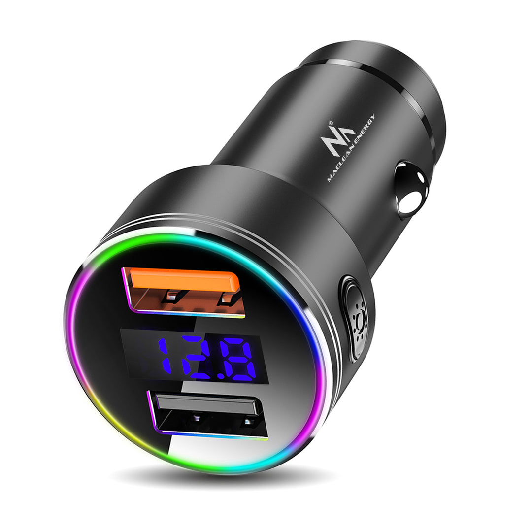 Chargeur de voiture Maclean, avec écran, aluminium, voltmètre, USB 1x QC 3.0, USB 1x 5V/2.4A, RGB LED, MCE375 + câble USB Lightning MCE945B