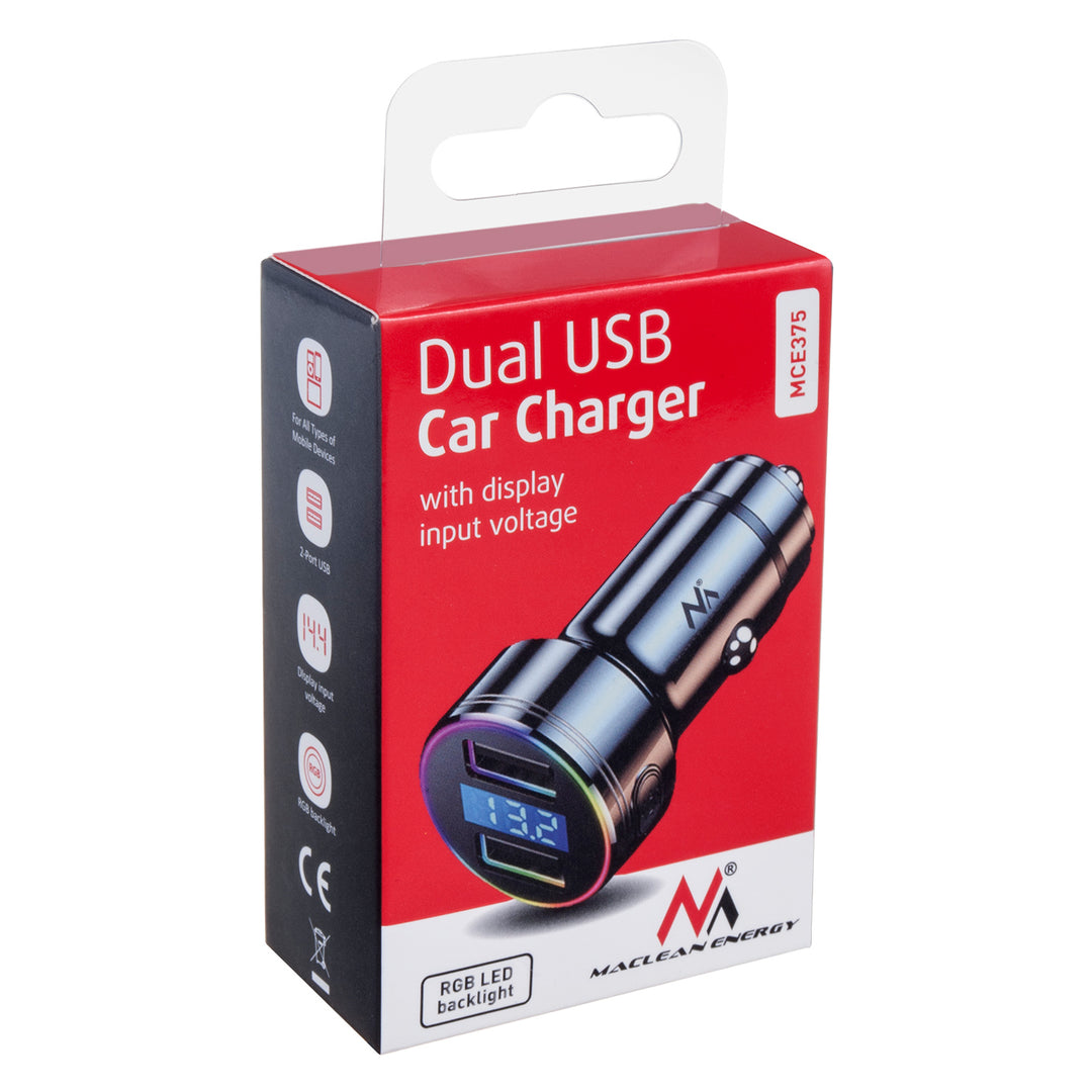 Chargeur de voiture Maclean, avec écran, aluminium, voltmètre, USB 1x QC 3.0, USB 1x 5V/2.4A, RGB LED, MCE375 + câble USB Lightning MCE945B