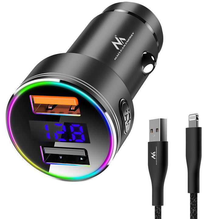 Chargeur de voiture Maclean, avec écran, aluminium, voltmètre, USB 1x QC 3.0, USB 1x 5V/2.4A, RGB LED, MCE375 + câble USB Lightning MCE945B