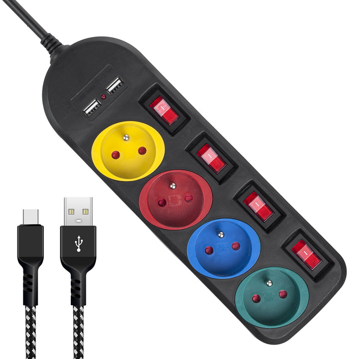 Multiprise Maclean, rallonge 4 prises + 2xUSB, avec interrupteurs, 250VAC/10A, 2.1A 5V, 1.5m, blanc, MCE229B + câble USB MCE471