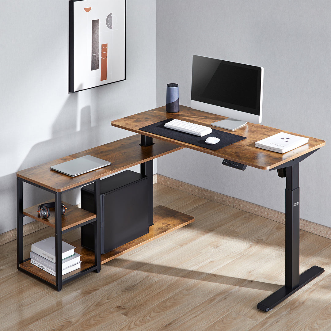 Bureau élévateur électrique Ergo Office, hauteur max. 121cm, max. 70 kg, avec plateau et étagères, pour debout et assis, brun rustique, ER-450, 2 pièces