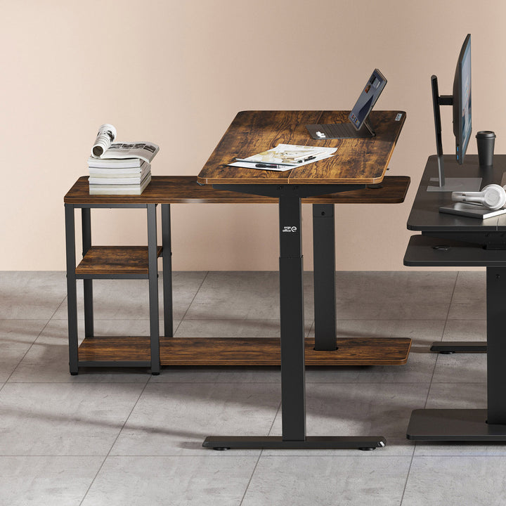 Bureau élévateur électrique Ergo Office, hauteur max. 121cm, max. 70 kg, avec plateau et étagères, pour debout et assis, brun rustique, ER-450, 2 pièces