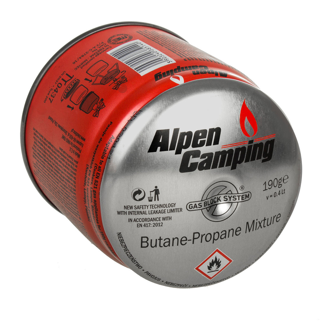 12x Alpen Camping 400ml cartouche de gaz. Certificat : Pi 0437, conforme à la norme EN417, propane-butane, plage de -10°c à + 40°c, système GAS STOP IK006