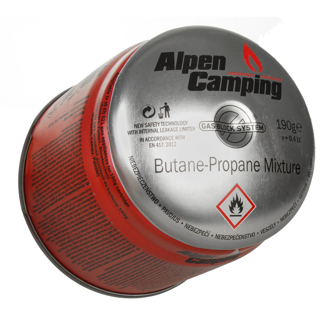 12x Alpen Camping 400ml cartouche de gaz. Certificat : Pi 0437, conforme à la norme EN417, propane-butane, plage de -10°c à + 40°c, système GAS STOP IK006