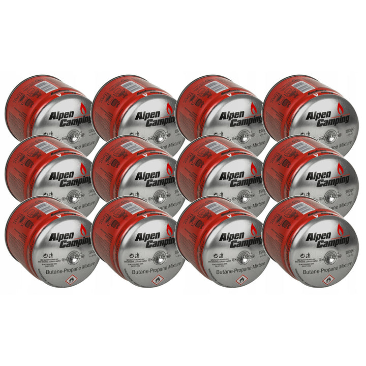 12x Alpen Camping 400ml cartouche de gaz. Certificat : Pi 0437, conforme à la norme EN417, propane-butane, plage de -10°c à + 40°c, système GAS STOP IK006