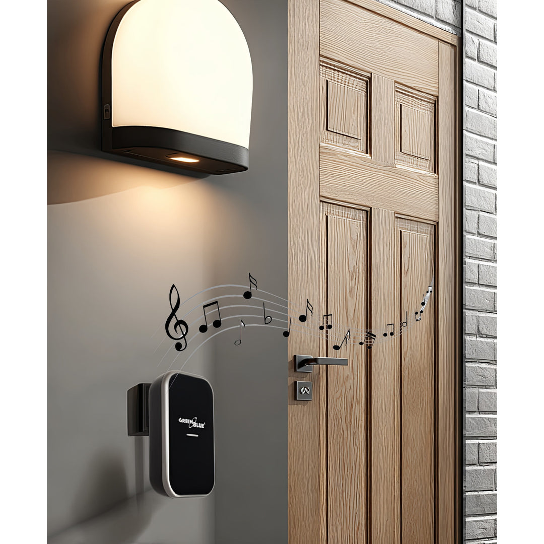 Sonnette sans fil sans pile, 38 mélodies, noir, portée jusqu'à 200m, IP44, GB157 GreenBlue