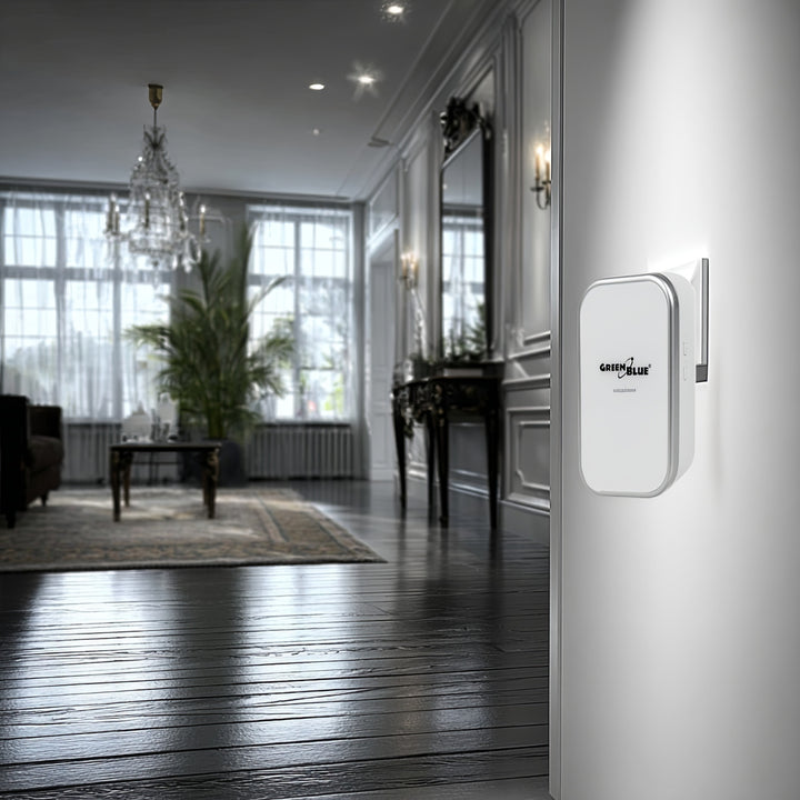 GreenBlue kinetic cloche sans fil sans pile, 38 mélodies, blanc, portée jusqu'à 200m, IP44, GB157 W