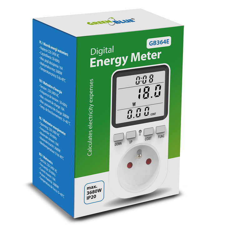 Compteur d'énergie GreenBlue, wattmètre, type E, 220-240V AC, 50Hz, charge max. 16A, IP20, batterie intégrée, GB364 E