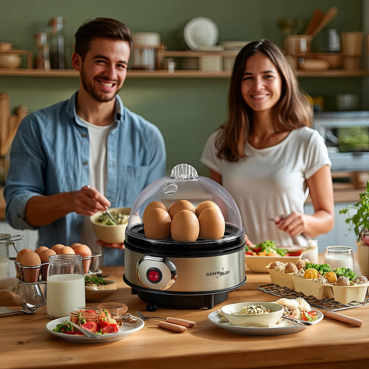 GreenBlue cuiseur d'œufs automatique, puissance 400W, jusqu'à 7 œufs, gobelet gradué, 220-240V~, 50 Hz, GB572