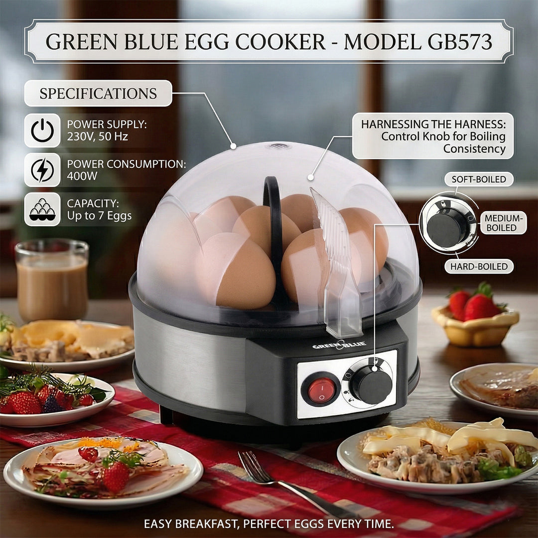 GreenBlue cuiseur d'œufs automatique, puissance 400W, jusqu'à 7 œufs, gobelet gradué, 220-240V~, 50 Hz, GB573