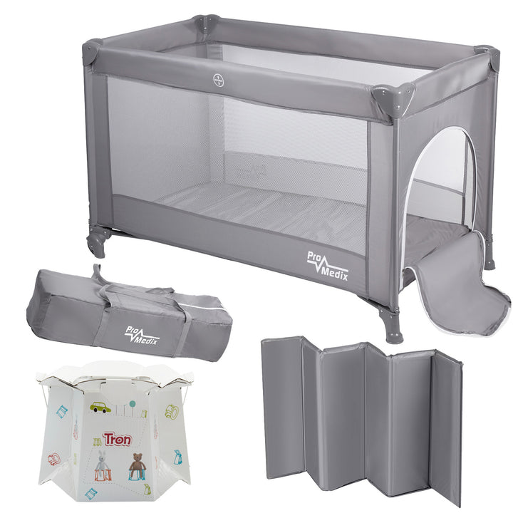 Lit de voyage Promedix, 125x65x74cm, gris, roulettes, housse de protection, PR-803 G + Pot de chambre jetable Tron ourson/lapin 10 pcs.