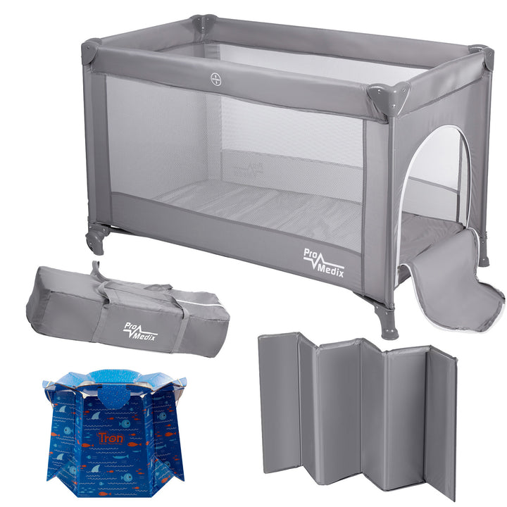 Lit de voyage Promedix, 125x65x74cm, gris, roulettes, housse de protection, PR-803 G + Pot de chambre jetable Tron fish 10 pcs.