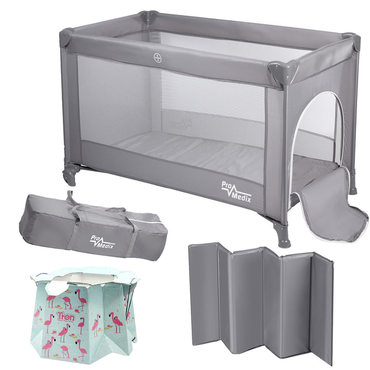 Lit de voyage Promedix, 125x65x74cm, gris, roulettes, housse de protection, PR-803 G + Pot de chambre jetable Tron flamingo 10pcs