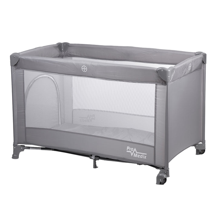 Lit de voyage Promedix, 125x65x74cm, gris, roulettes, housse de protection, PR-803 G + inhalateur Baby fudge PR-810