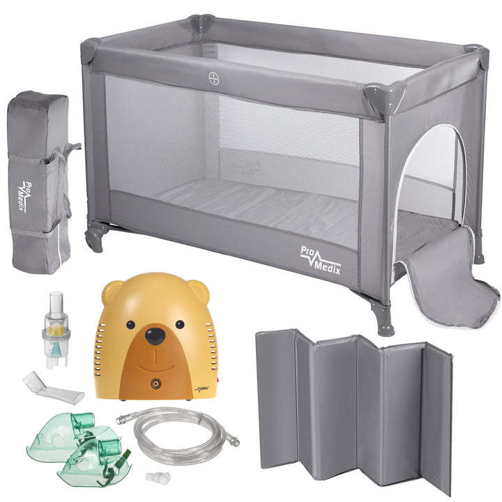 Lit de voyage Promedix, 125x65x74cm, gris, roulettes, housse de protection, PR-803 G + inhalateur Baby bear PR-811