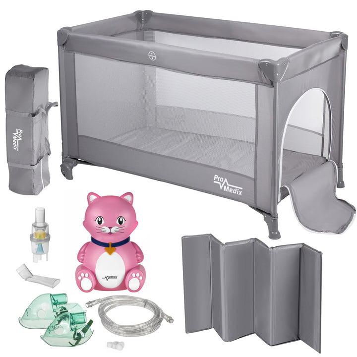 Lit de voyage Promedix, 125x65x74cm, gris, roulettes, housse de protection, PR-803 G + Inhalateur de chat pour bébé PR-816