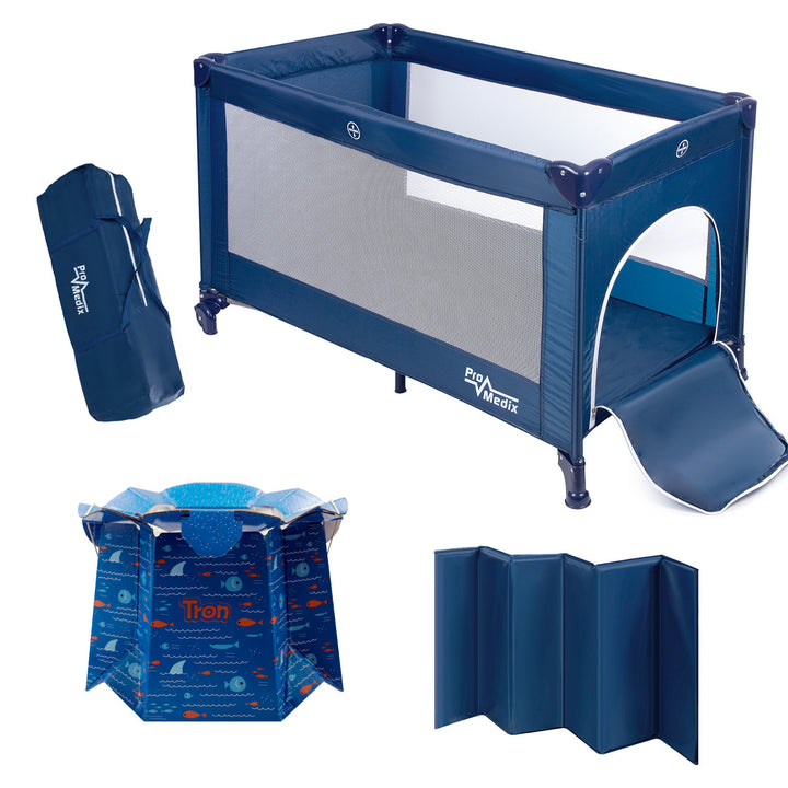 Lit de voyage Promedix, 125x65x74cm, bleu, roulettes, housse de protection, PR-803B + Pot de chambre jetable Tron fish 10pcs
