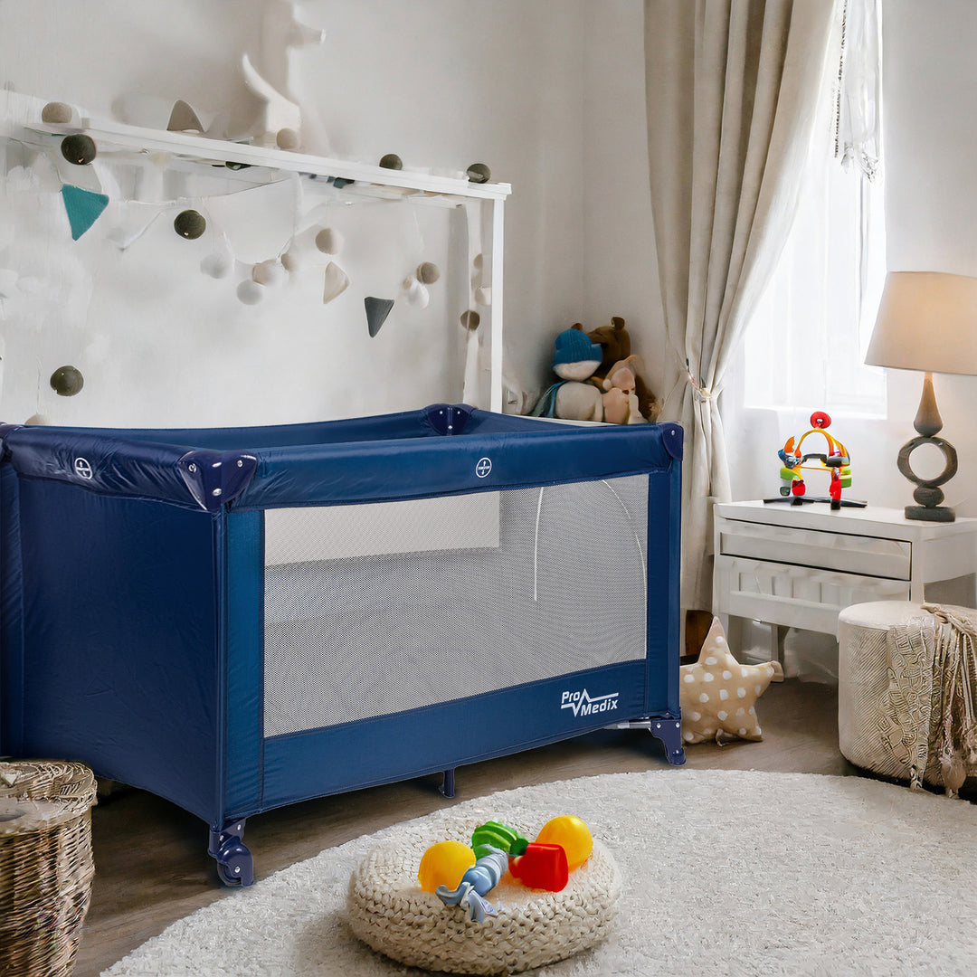 Lit de voyage Promedix, 125x65x74cm, bleu, roulettes, housse de protection, PR-803B + Pot de bébé jetable Tron flamingo 10pcs