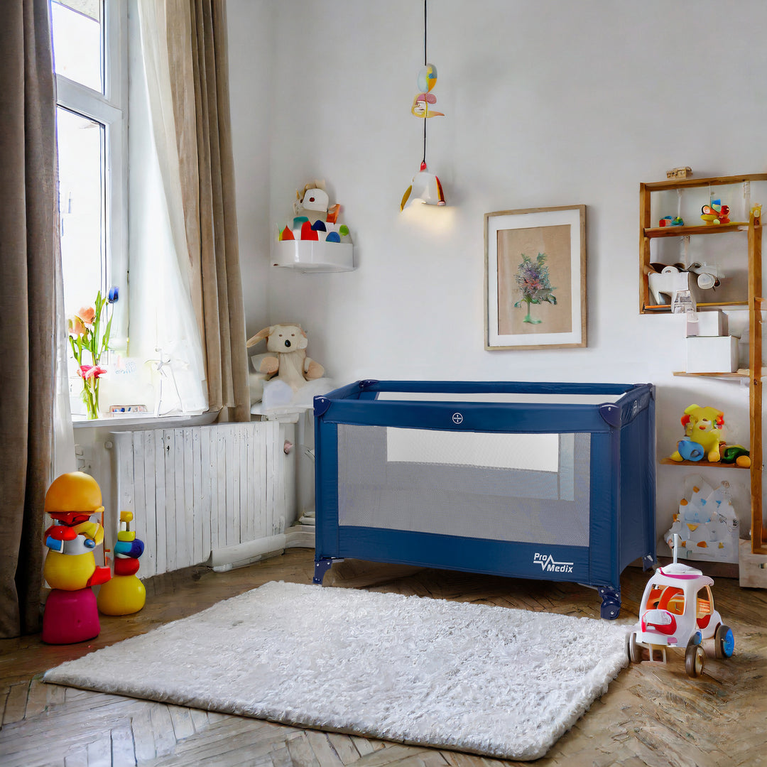 Lit de voyage Promedix, 125x65x74cm, bleu, roulettes, housse de protection, PR-803B + Pot de bébé jetable Tron flamingo 10pcs